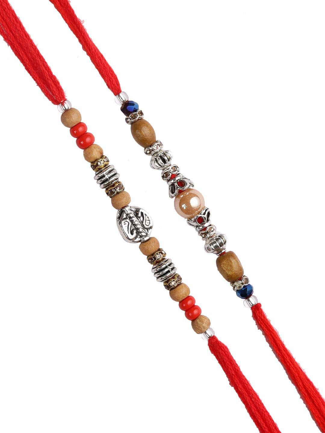 Dhiyona Set Of 2 Silver-Toned Beaded Rakhi With Roli Rice & Greeting Card