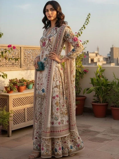 Dhiyona AN Floral Printed Keyhole Neck Straight Kurta With Sharara & Dupatta