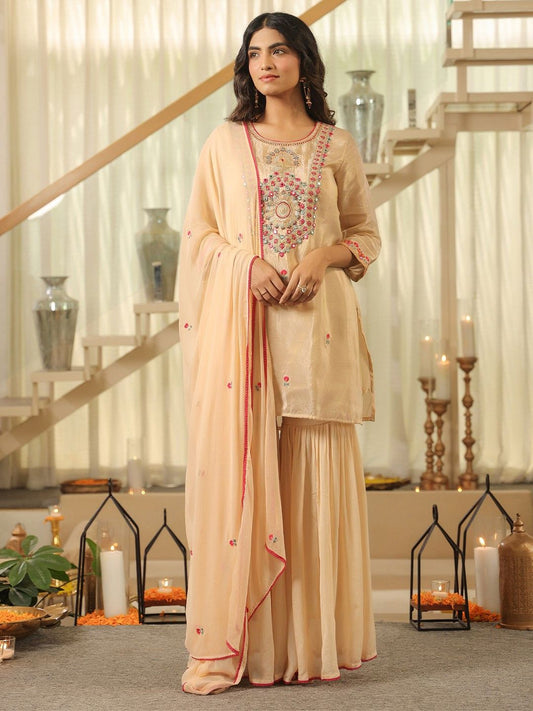 Dhiyona SC Women Ethnic Motifs Embroidered Kurta with Sharara & Dupatta