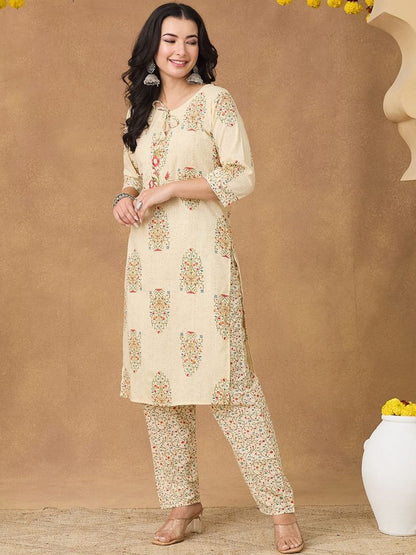 Beige Floral Cotton Printed Tie Neck Embroidery Kurta Trousers & Tasseled Dupatta