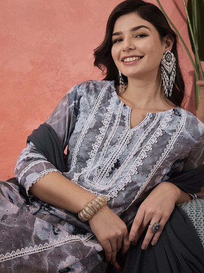 Grey Floral Printed Notch Neck Straight Pure Cotton kurta With Trouser And Dupatta