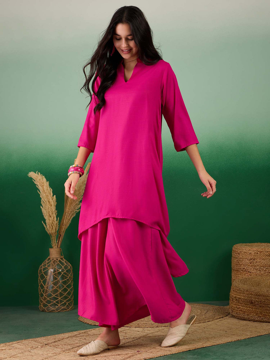 Fuchsia Mandarin Collar A-Line Kurta With Palazzo