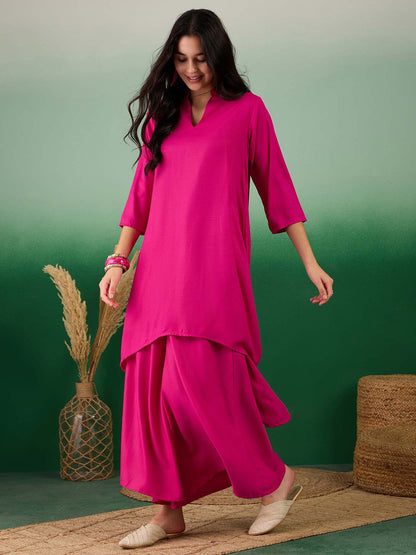 Fuchsia Mandarin Collar A-Line Kurta With Palazzo