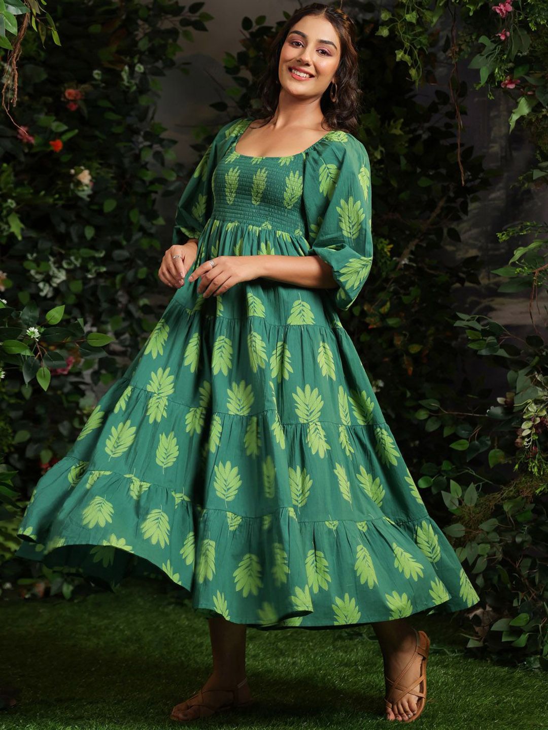 Dhiyona AY Women's Printed Puff Sleeves Cotton Maxi Ethnic Dress