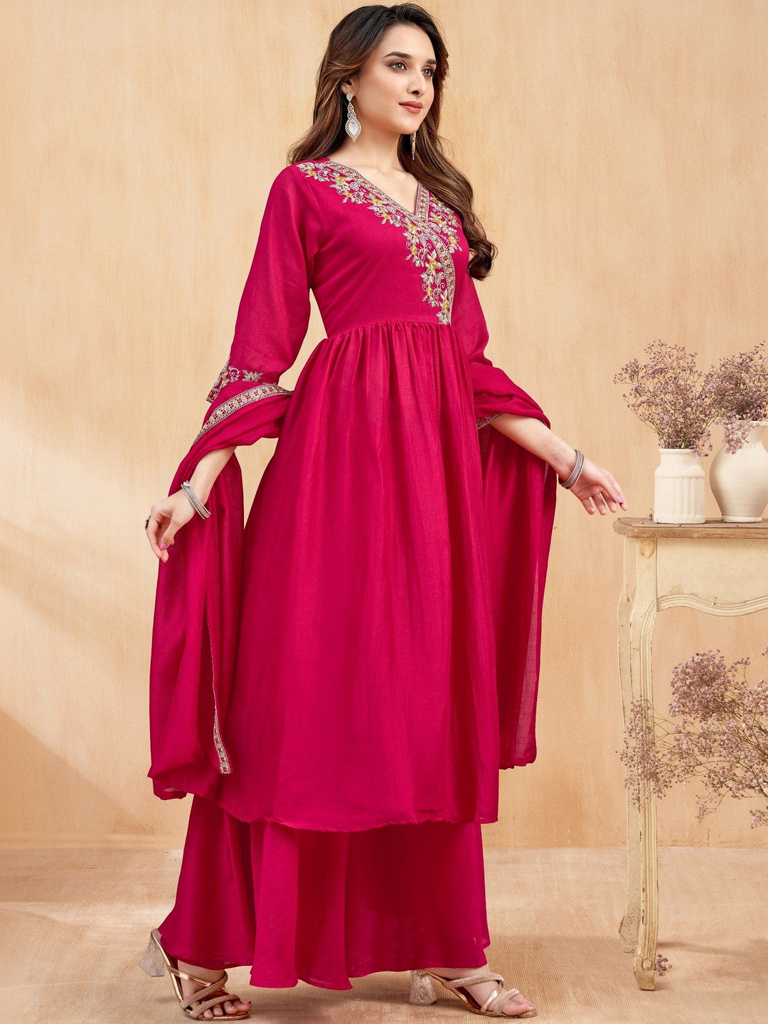 Embroidered V-Neck Kurta & Palazzos With Dupatta