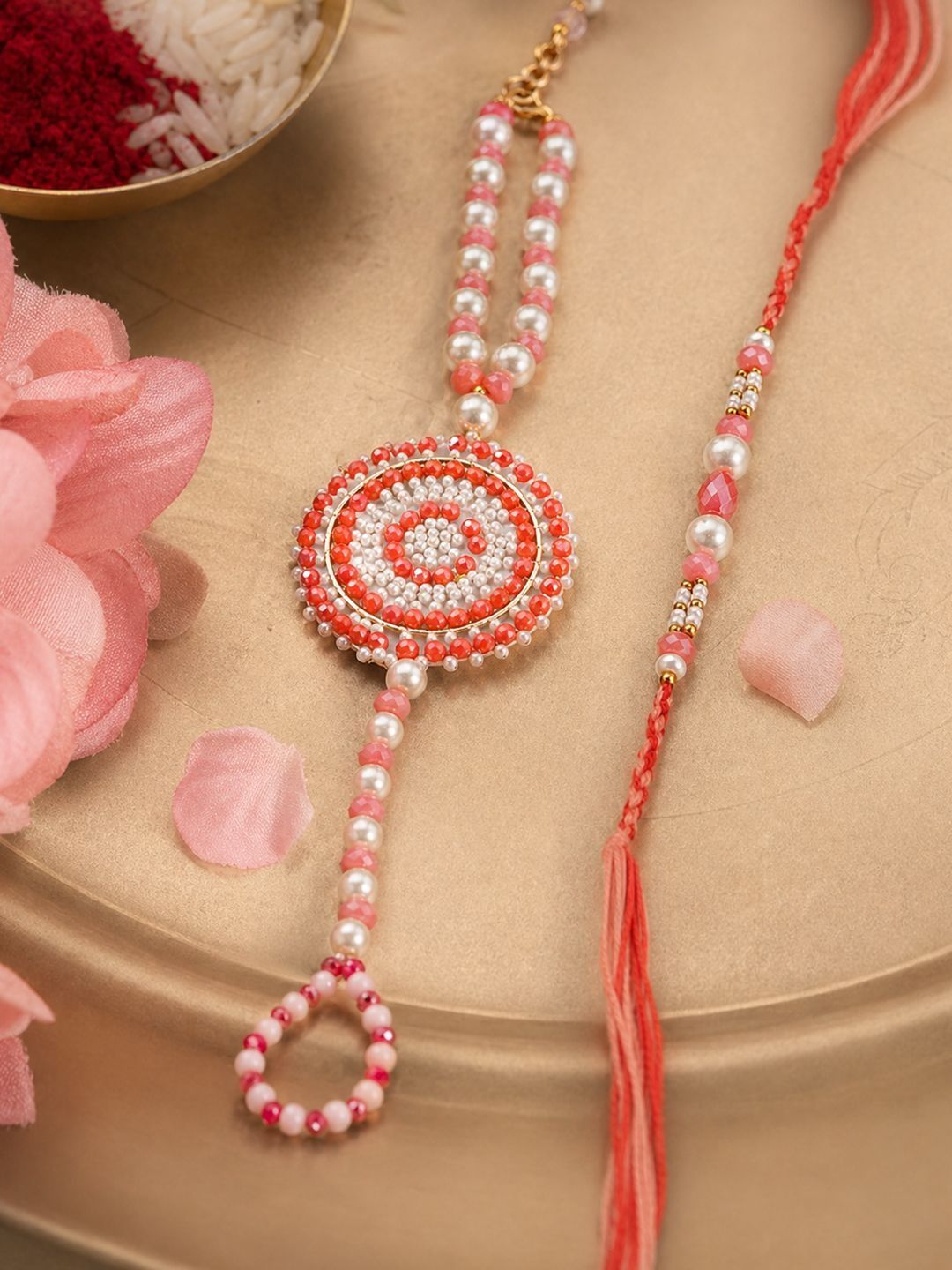 Dhiyona Set Of 2 Gold Toned Pearls & Beads Round Shape Bhaiya Bhabhi Rakhi With Roli Chawal
