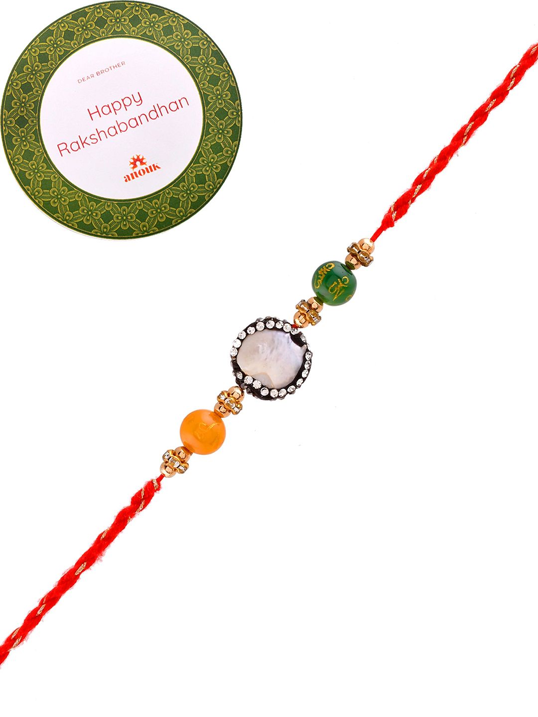 Dhiyona Orange Stone Studded & Beaded Thread Rakhi With Roli Chawal & Greeting Card