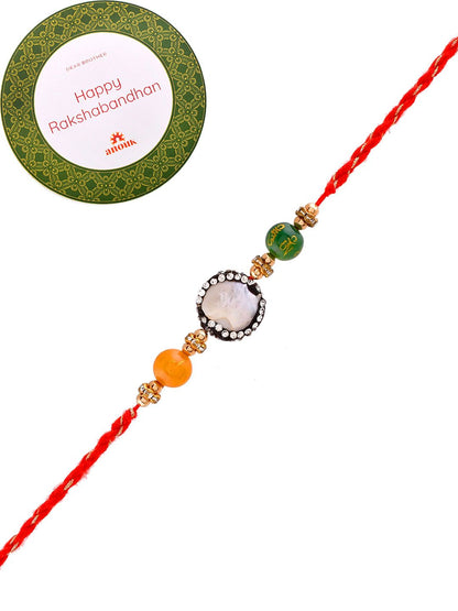 Dhiyona Orange Stone Studded & Beaded Thread Rakhi With Roli Chawal & Greeting Card