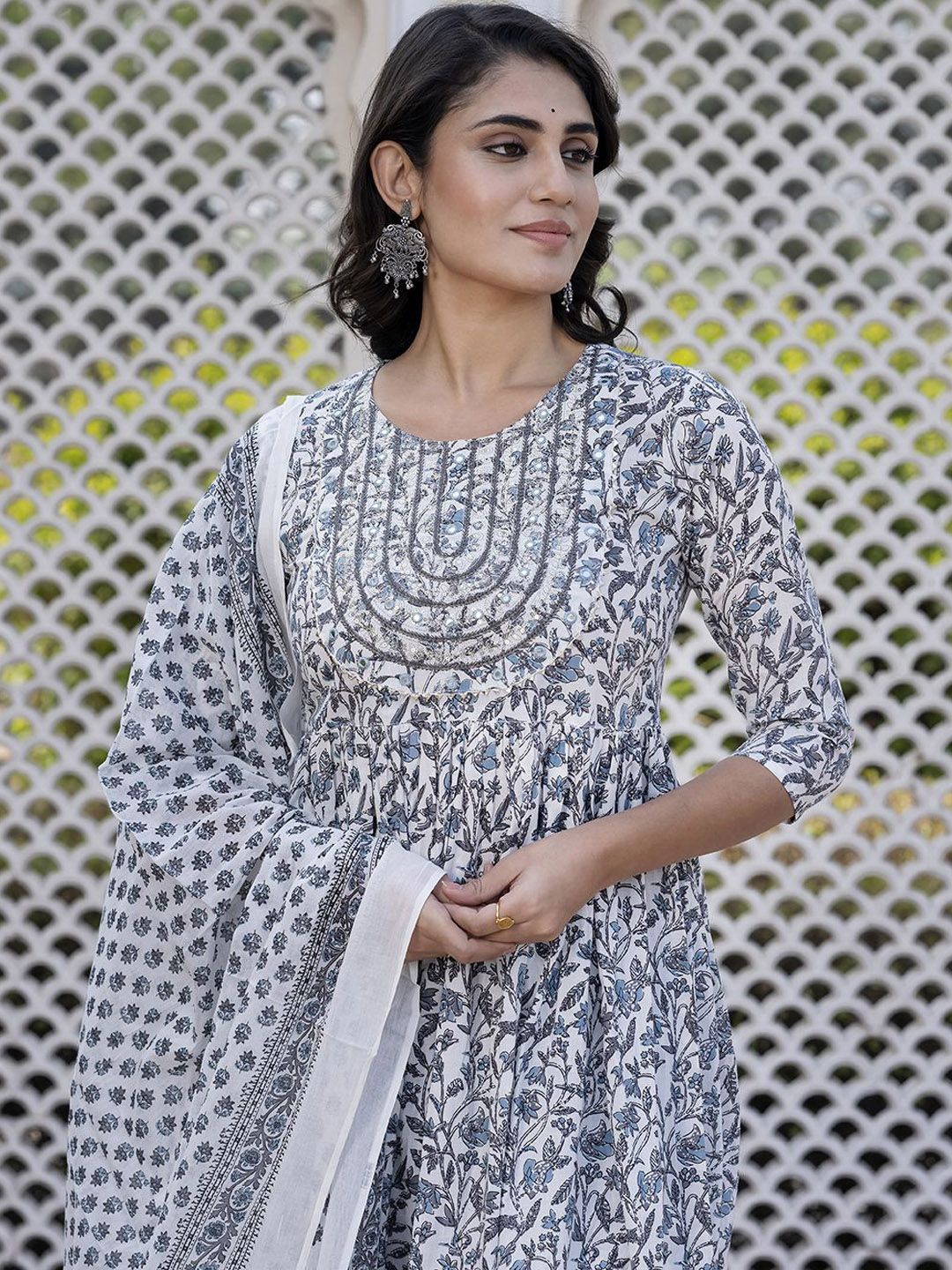 Dhiyona KL Floral Printed Thread Work Pure Cotton Anarkali Kurta With Trouser & Dupatta