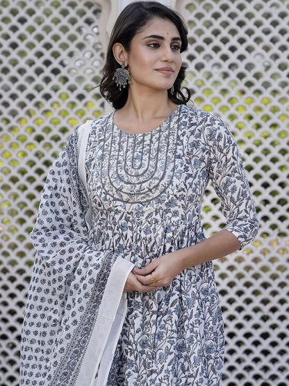 Dhiyona KL Floral Printed Thread Work Pure Cotton Anarkali Kurta With Trouser & Dupatta