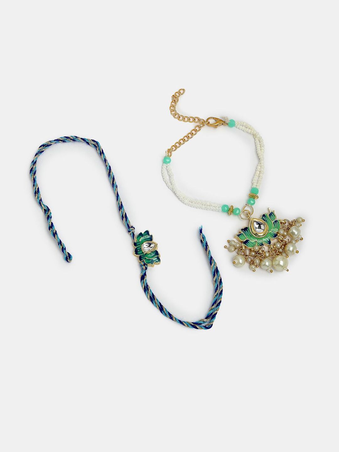Dhiyona Kundan Studded And Beaded Lotus Shape Bhaiya Bhabhi Rakhis With Roli Chawal