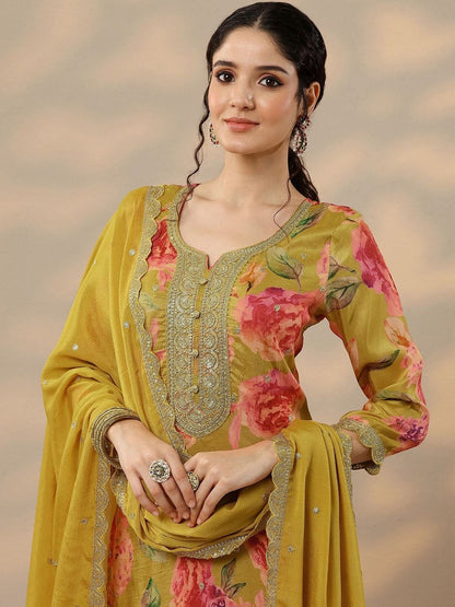 Dhiyona LL Women Floral Printed Sequinned Kurta with Palazzos & Dupatta