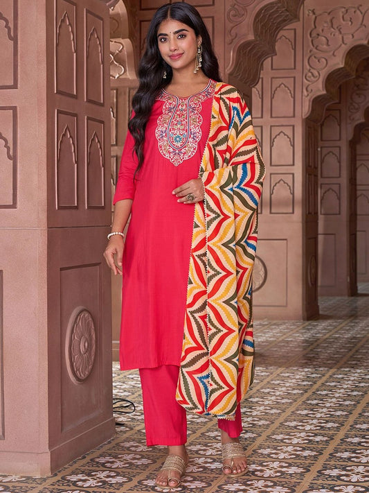 Dhiyona KL Women Ethnic Motifs Embroidered Regular Thread Work Kurta with Trousers & With Dupatta
