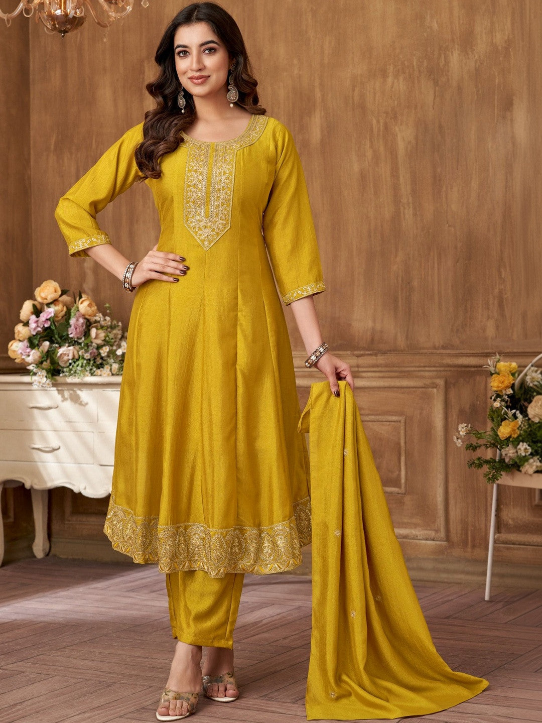Embroidered Round Neck Kurta & Trousers With Dupatta