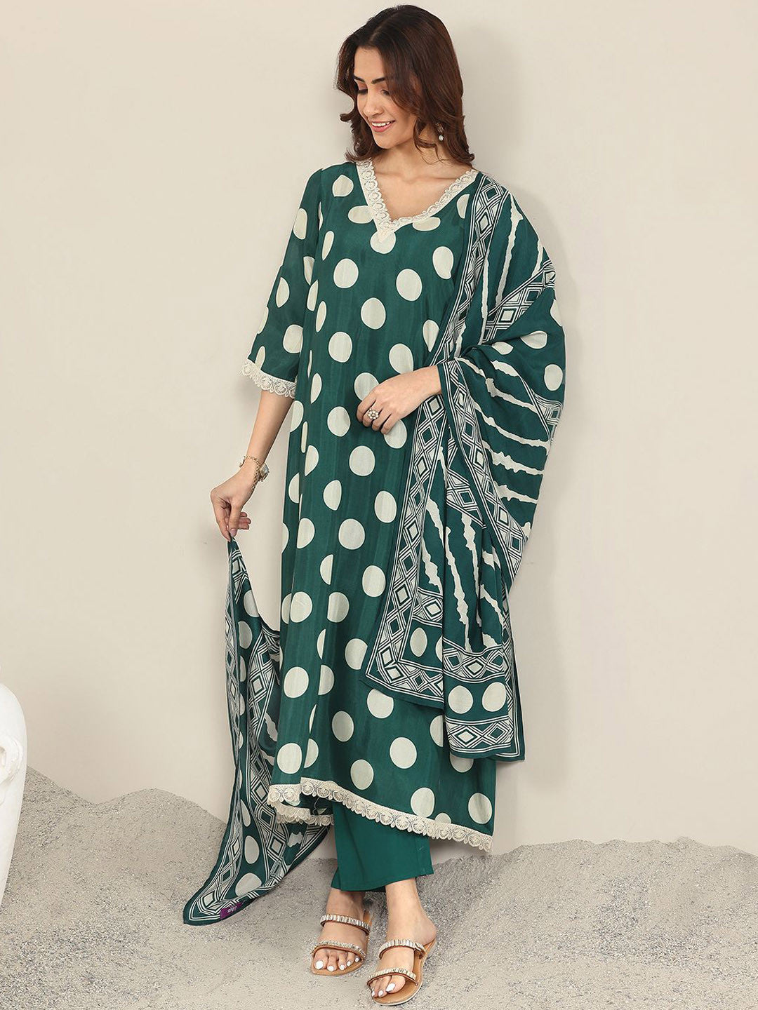 Polka Dot Printed V Neck A-Line Kurta With Trousers & Dupatta