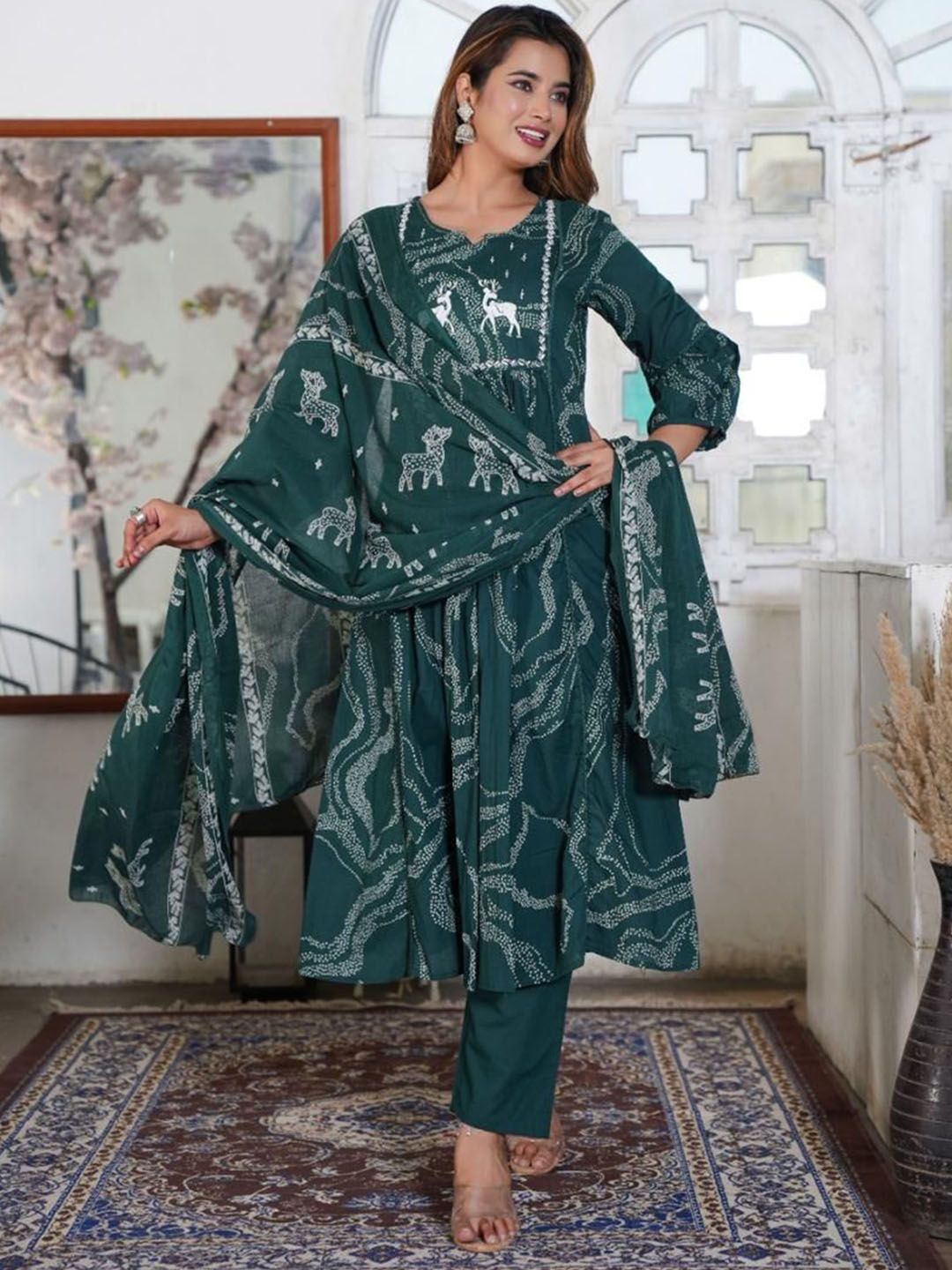 Dhiyona KL Women Printed Regular Pure Cotton Kurta with Trousers & With Dupatta