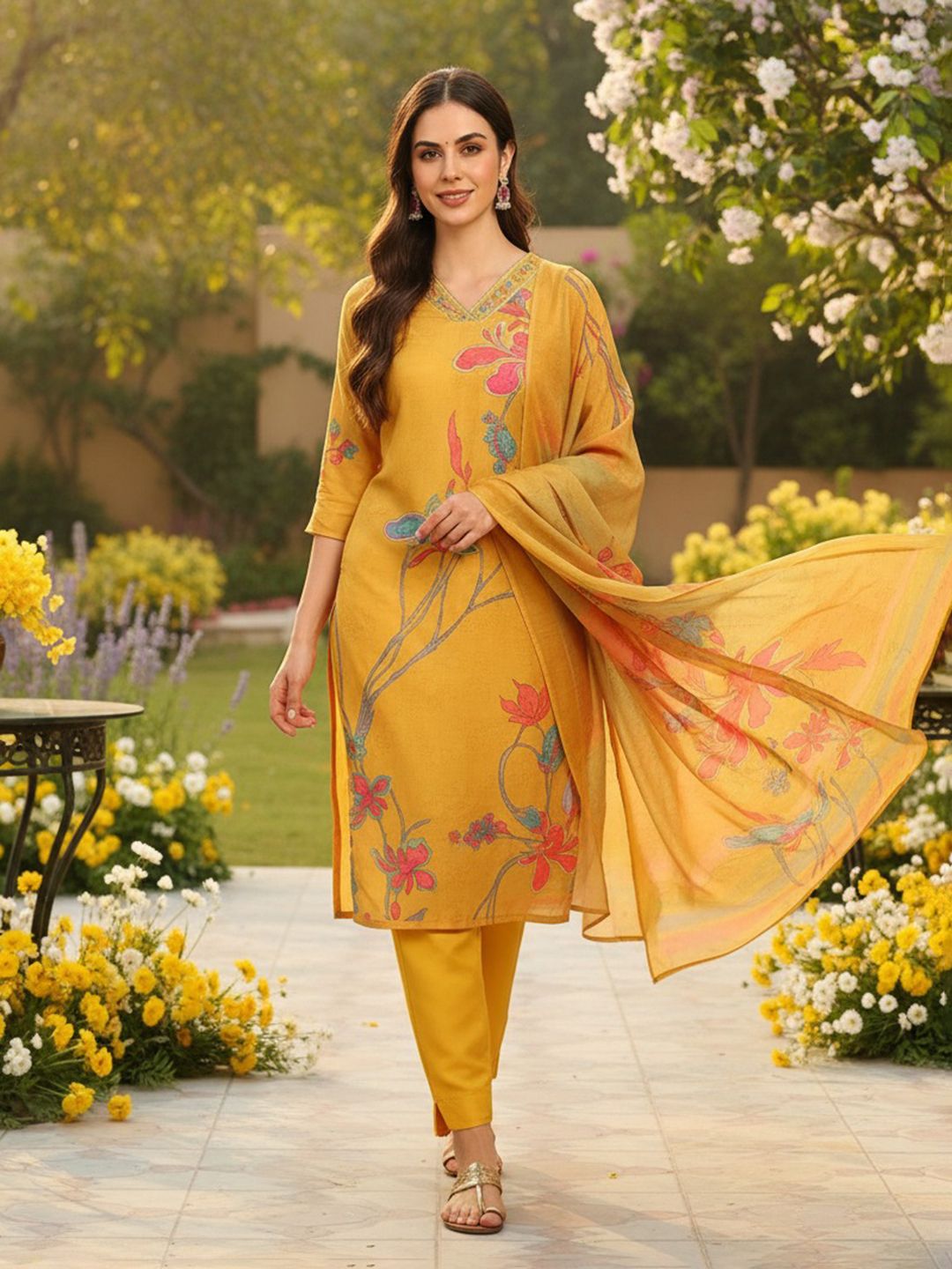 Dhiyona KL Women Floral Printed Regular Thread Work Kurta with Trousers & With Dupatta