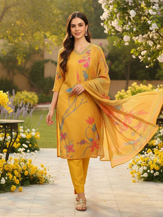 Dhiyona KL Women Floral Printed Regular Thread Work Kurta with Trousers & With Dupatta