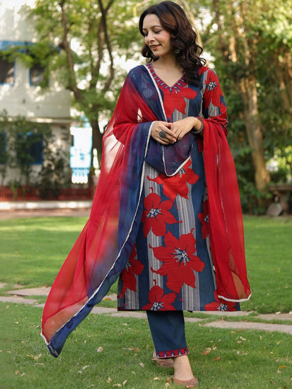 Dhiyona RR Women's Floral Printed Regular Pure Cotton Kurta with Trousers & With Dupatta