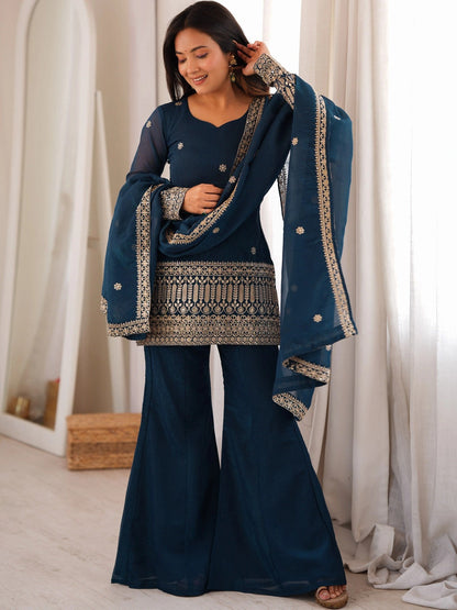 Women Ethnic Motifs Embroidered Regular Kurta with Sharara & With Dupatta