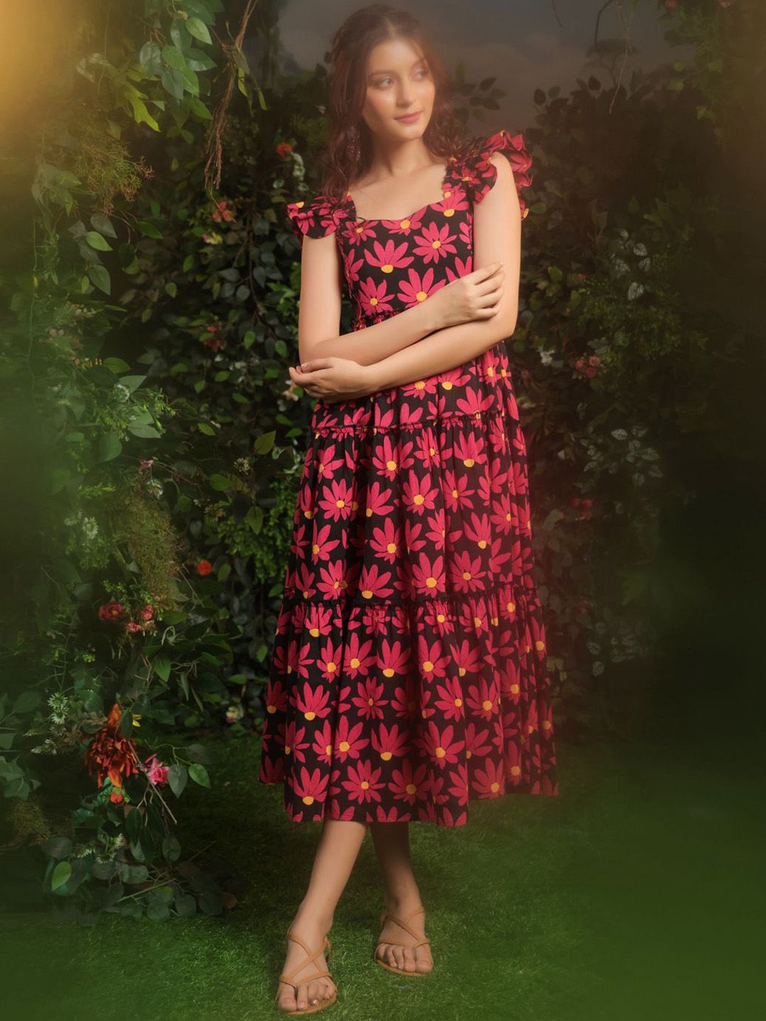 Dhiyona AY Women's Floral Printed Fit & Flare Ethnic Midi Dress