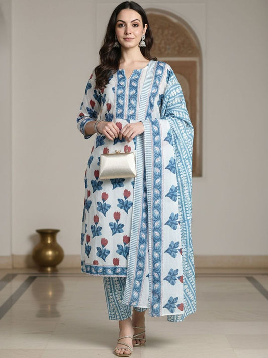 Floral Printed Pure Cotton Kurta With Trousers & Dupatta
