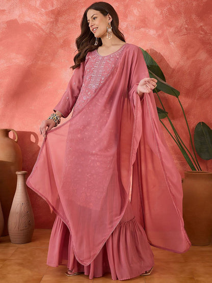 Dhiyona SN Floral Embroidered Round Neck Straight Kurta With Sharara And Dupatta