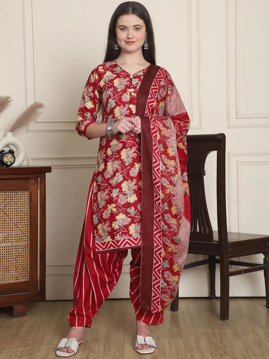 Dhiyona KL Floral Printed V-Neck Straight Kurta With Patiala & Dupatta
