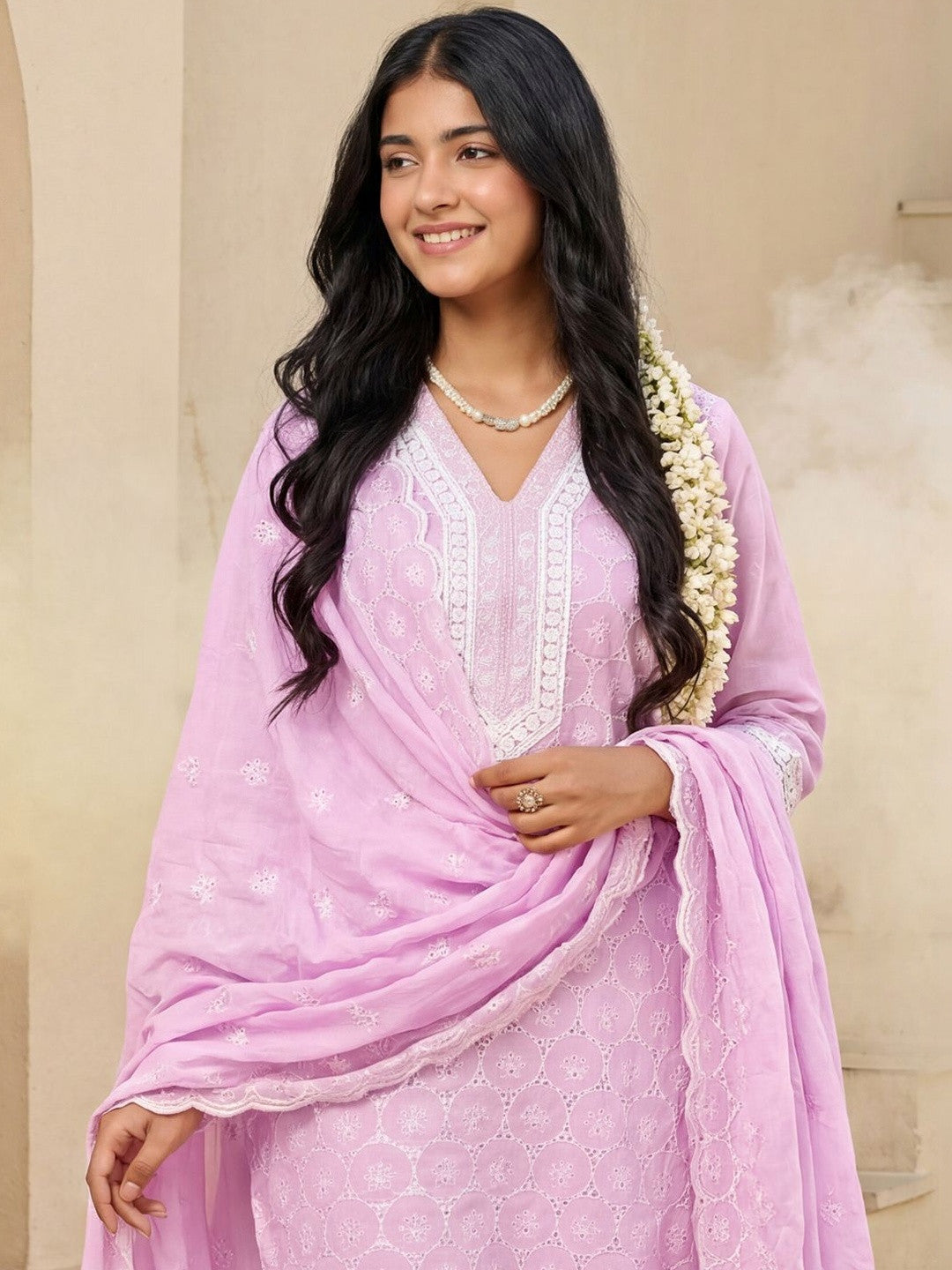 Women Embroidered Regular Chikankari Pure Cotton Kurta with Trousers & With Dupatta