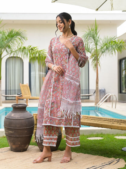 Dhiyona KL Floral Printed V-Neck Pure Cotton Kurta with Trouser And Dupatta