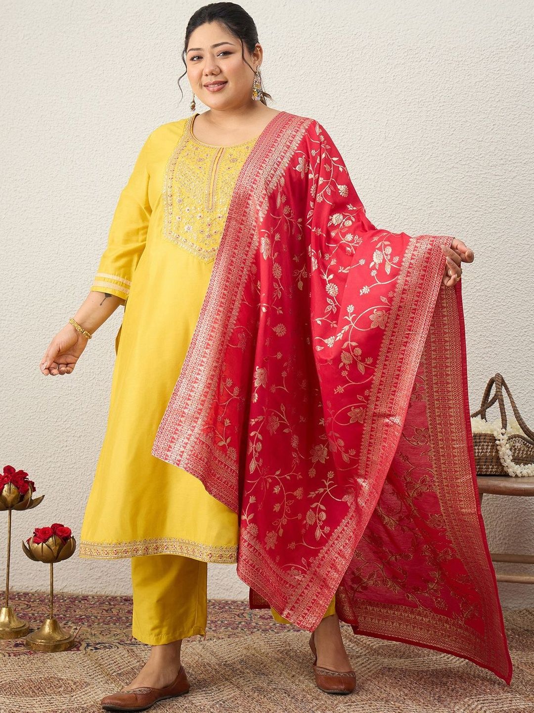 Dhiyona Women's Ethnic Motifs Embroidered Regular Kurta with Trousers & With Dupatta