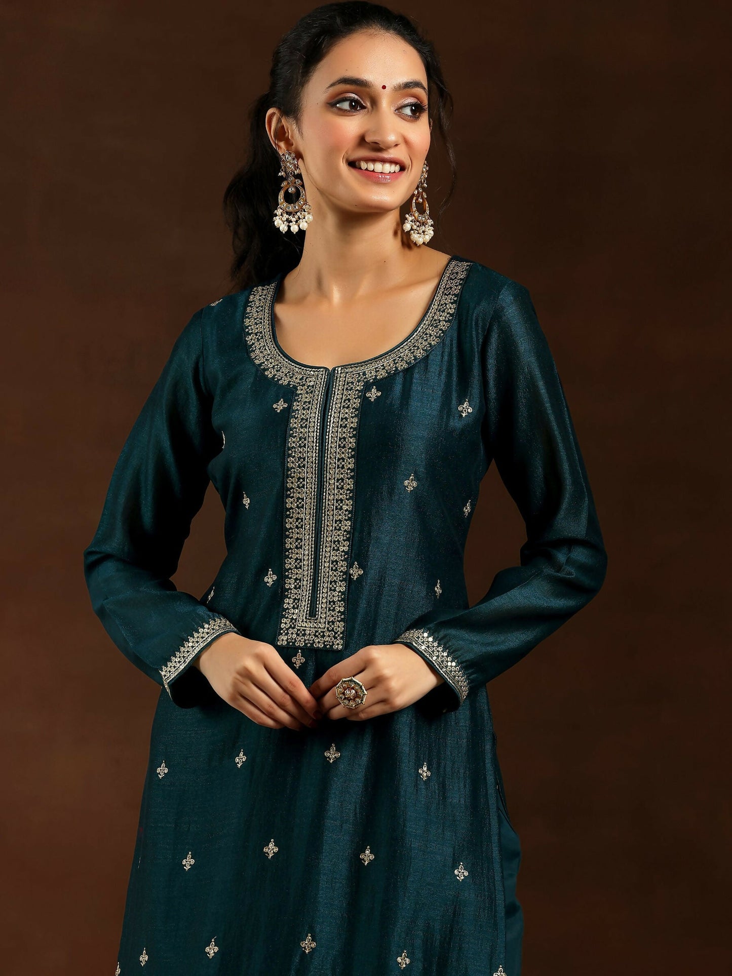 Women's LB Teal Embroidered Silk Blend Straight Suit With Dupatta