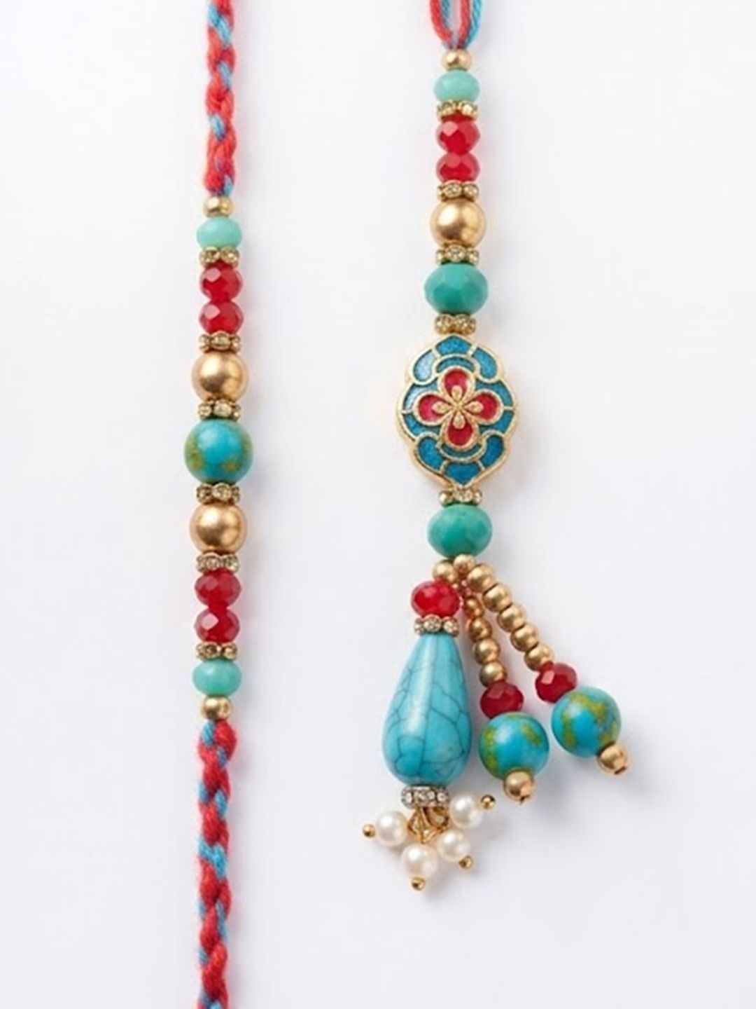 Dhiyona Set Of 2 Multicolor Artificial Beads Bhaiya Bhabhi Thread Rakhi With Roli Chawal