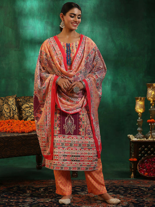 Women's LB Multicoloured Printed Linen Straight Suit With Dupatta