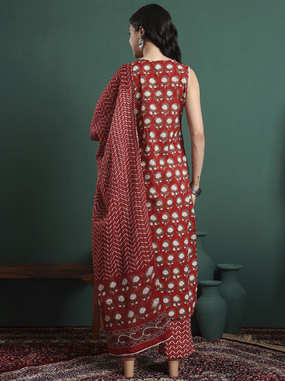 Dhiyona KL Floral Printed V-Neck Pure Cotton Kurta With Trousers & Dupatta