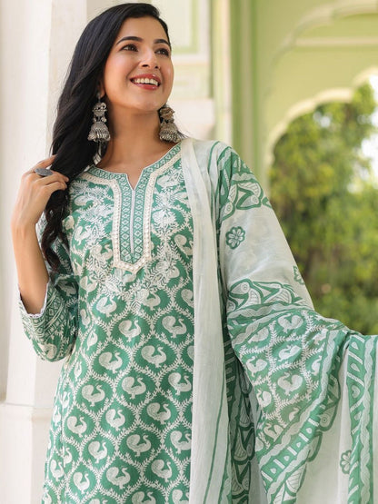 Dhiyona RR Women's Printed Pure Cotton Kurta with Trousers & With Dupatta