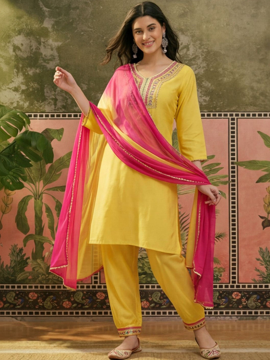 Dhiyona SN Women Solid Embroidery with Sequinned Work Kurta Afagani Salwar with Dupatta