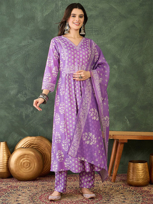 Dhiyona KL Floral Printed V-Neck Kurta with Trousers & Dupatta