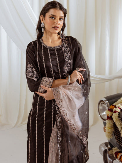 Paisley Embroidered Round Neck Sequinned Straight Kurta With Trousers & Dupatta
