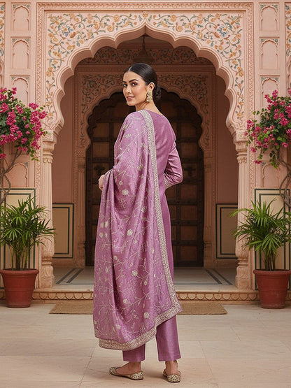 Dhiyona KL Floral Embroidered Sequinned Straight Kurta & Trousers With Dupatta
