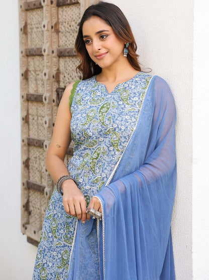 Dhiyona RR Women's Ethnic Motifs Printed Regular Pure Cotton Kurta with Palazzos & With Dupatta