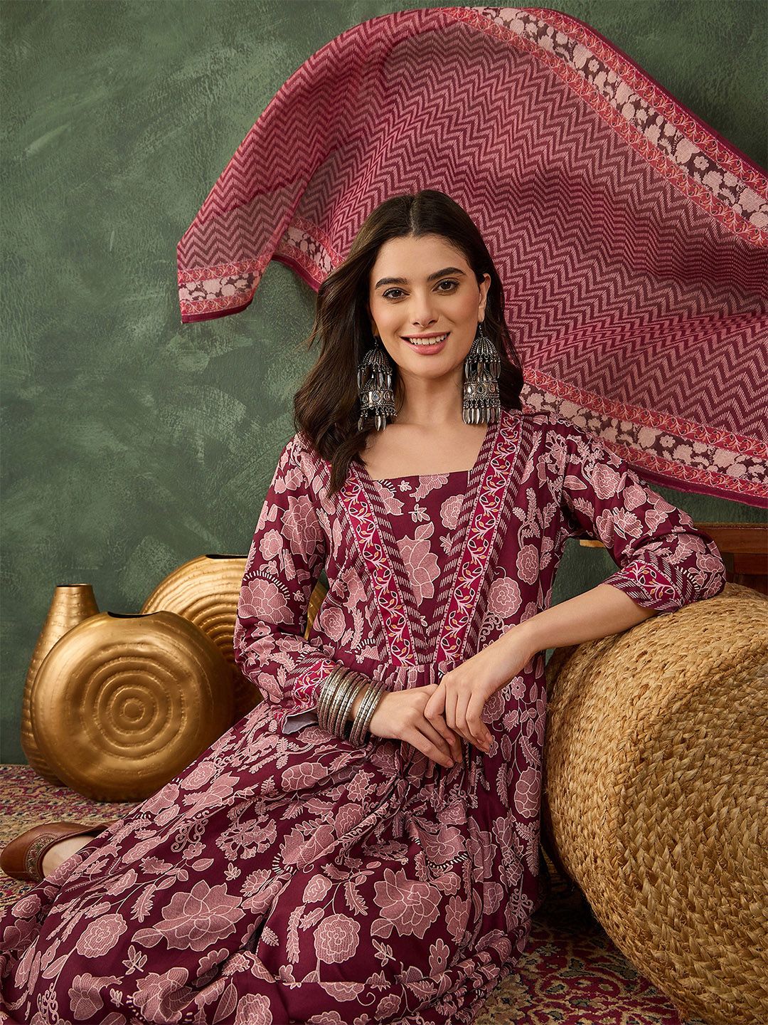 Dhiyona KL Floral Printed Anarkali Kurta With Trouser & Dupatta