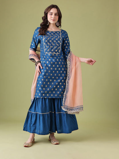 Dhiyona AN Floral Foil Printed Gotta Patti Detail Kurta with Sharara & Dupatta