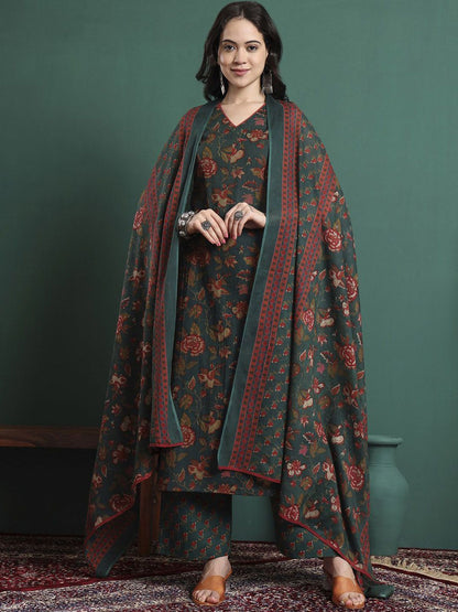 Dhiyona KL Women Floral Printed Cotton Kurta with Trousers & Dupatta