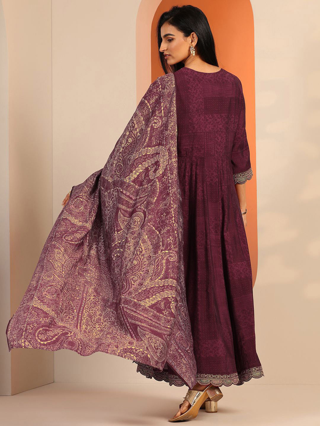 Womens Maroon Printed Anarkali Kurta With Trousers & Dupatta