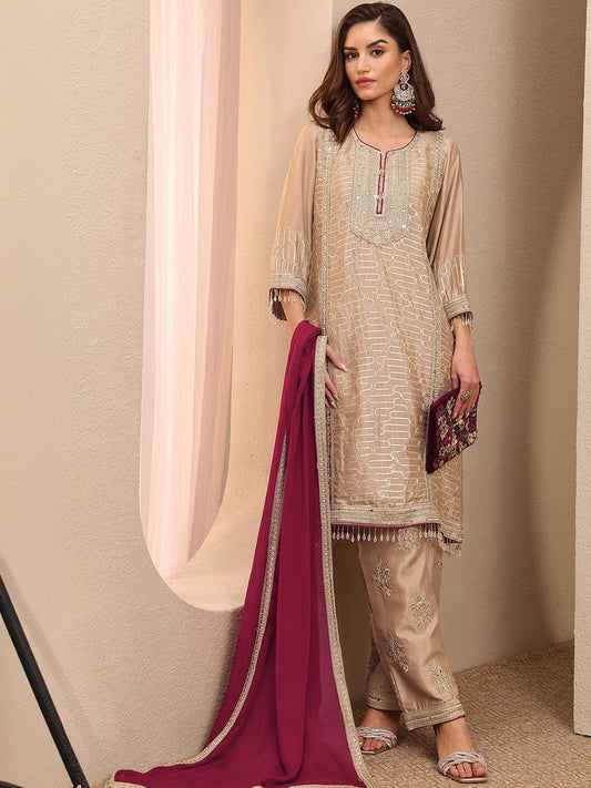 Women Regular Thread Work Kurta with Trousers & With Dupatta
