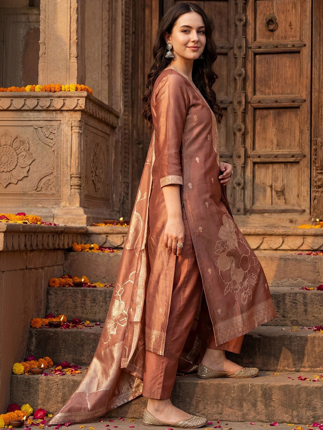 Women Ethnic Motifs Regular Kurta with Trousers & With Dupatta