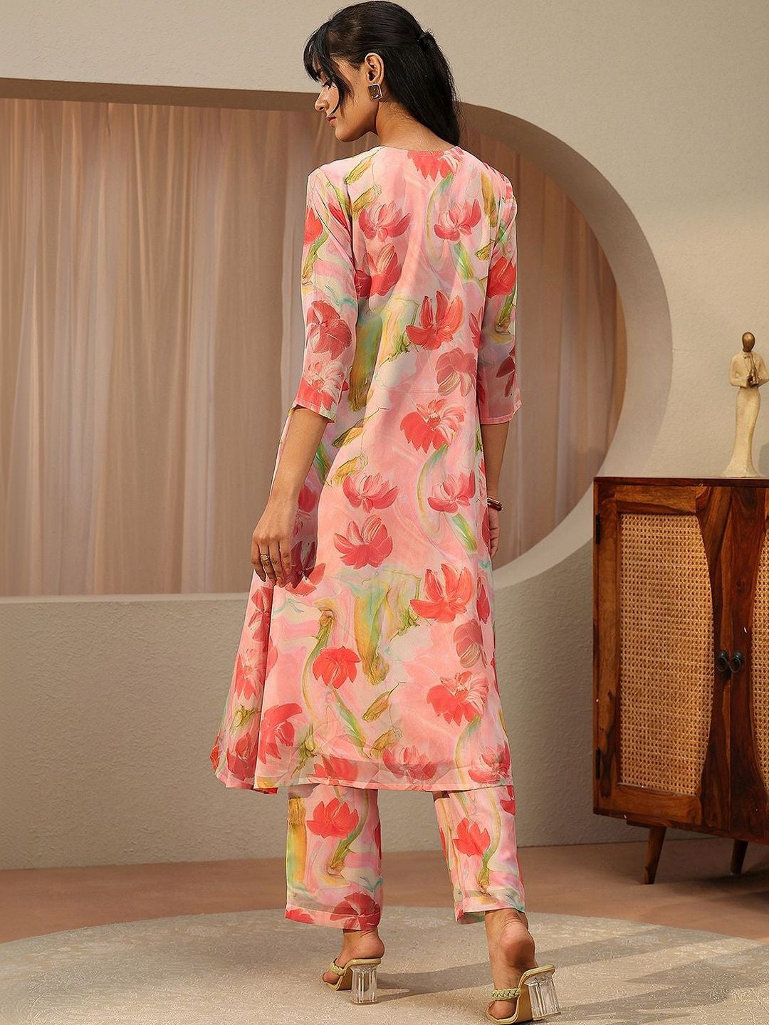 Peach Pink Floral Printed Chiffon A-line Kurta Set