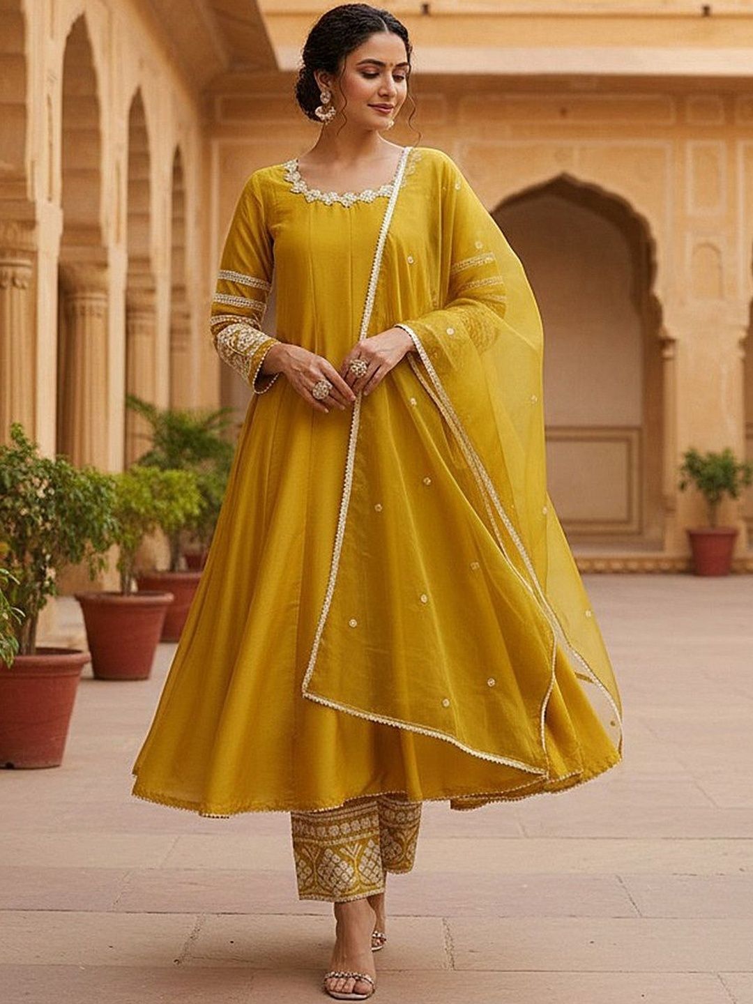 Dhiyona KL Panelled Round Neck Thread Work Anarkali Kurta With Palazzos & Dupatta