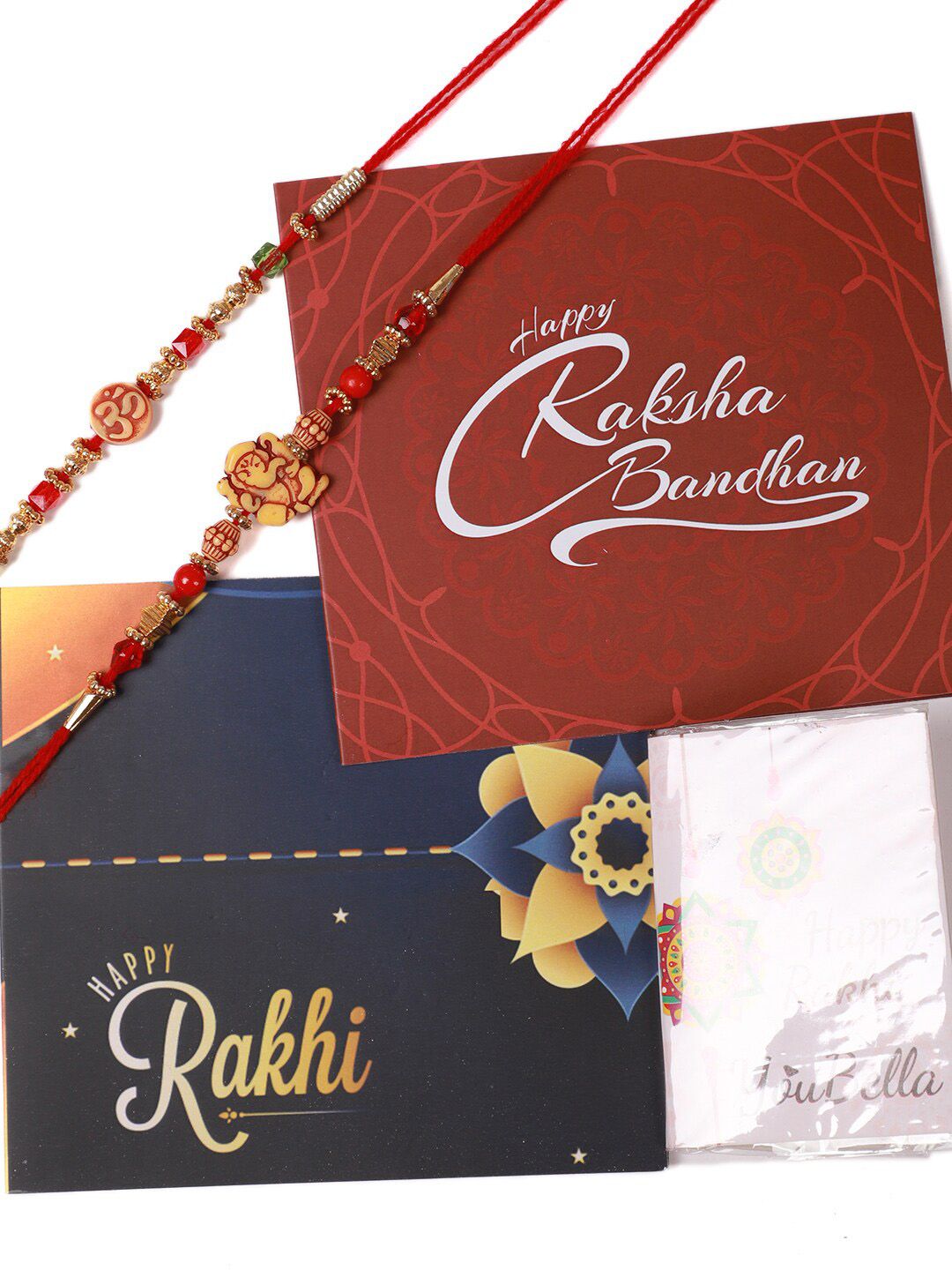 Dhiyona Unisex Set Of 2 Beaded Thread Rakhi With Greeting Card